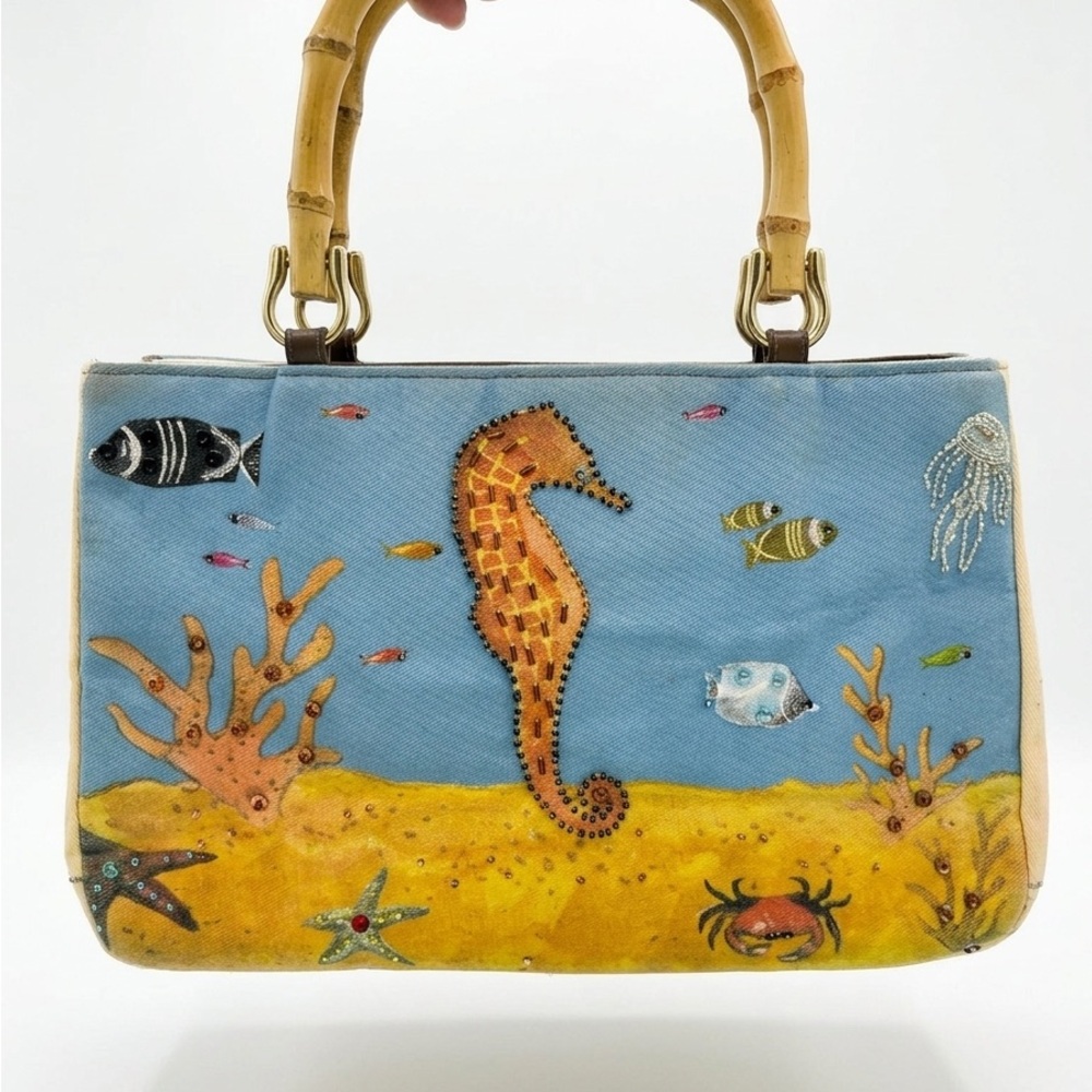 Vintage | Seahorse Embroidered Canvas Tote with Bamboo Handles